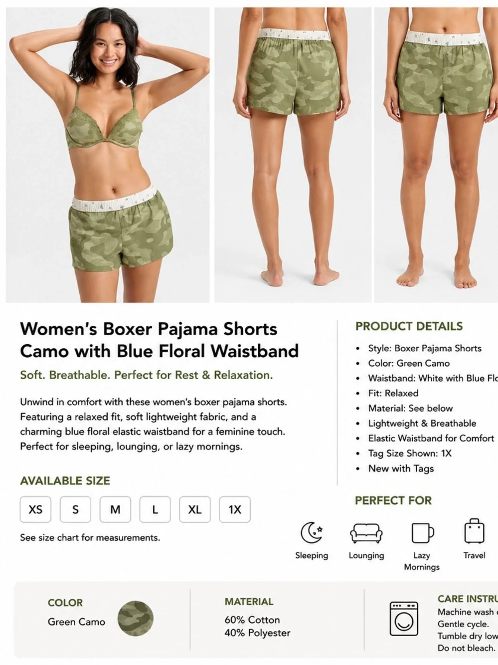 Target Women’s Green Camo Athletic Shorts with White Floral Waistband - Picture 1 of 4